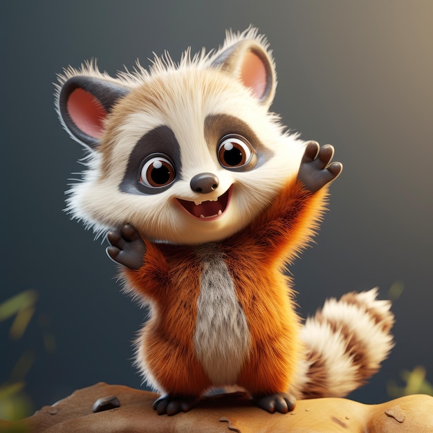 generated illustration of a 3d render of a happy raccoon with a humanlike waving gesture greeting