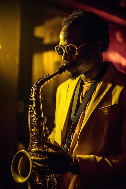 Photo generated illustration of african american saxophone player saxophonist playing jazz music