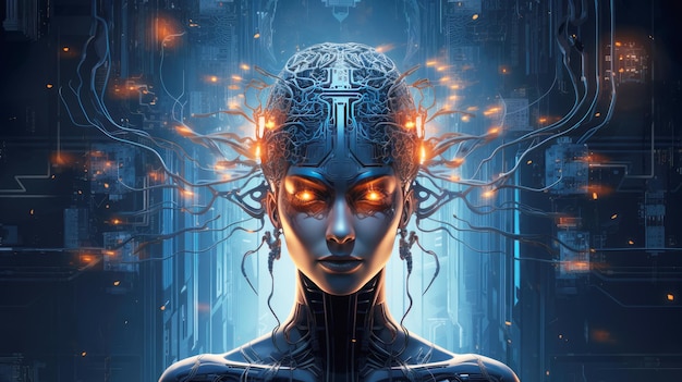 generated illustration of beautiful female robot with artificial intelligence