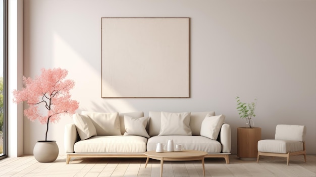 generated illustration of beige sofa and empty white wall backgroundmodern living room