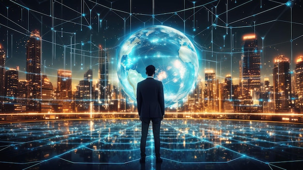 generated illustration of businessman holding a globe hologram in her hands Global business concept