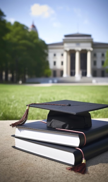 Photo generated illustration close up of mortarboard on top stack of books against university building