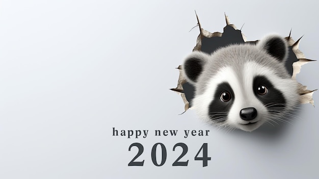 generated illustration of cute baby raccoon peeking out of a hole in gray wallgreeting 2024