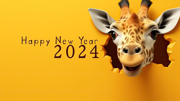 generated illustration of cute giraffe peeking out of a hole in yellowcracked wall greeting 2024