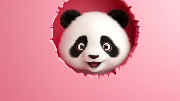 generated illustration of cute panda in hole of cracked pink wall