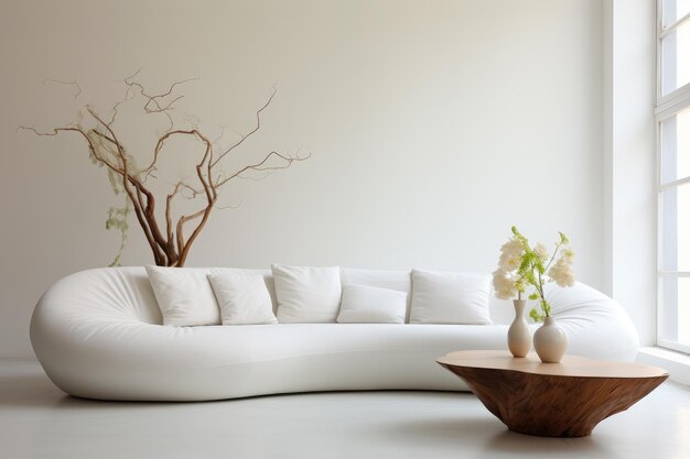 Photo generated illustration of designer white sofa in a white room