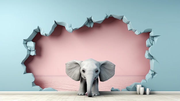 generated illustration elephant looking through a hole torn from a wall