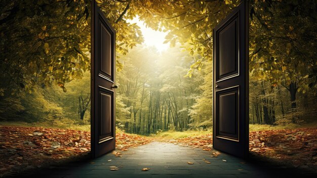 Photo generated illustration of fantasy door frame in woods door in forest mystical entrance