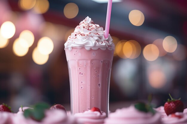 Photo generated illustration of frappe strawberry shake on bar counter