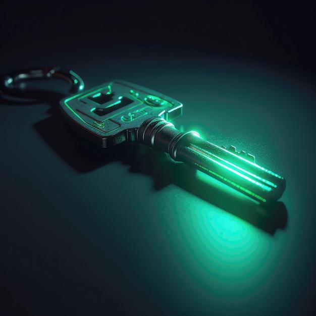 Photo generated illustration of futuristic key emitting a green glow placed on a dark metallic surface