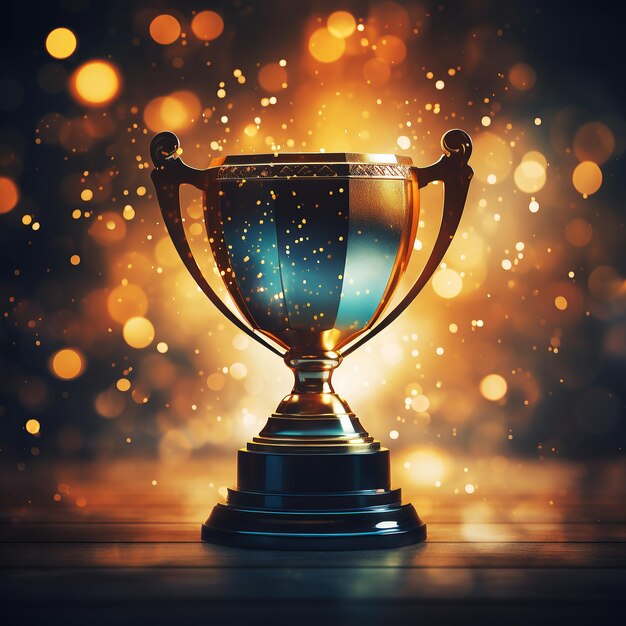 generated illustration of golden trophy cup winner on bokeh background