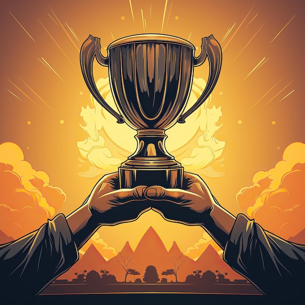 generated illustration of hand holding golden award trophy