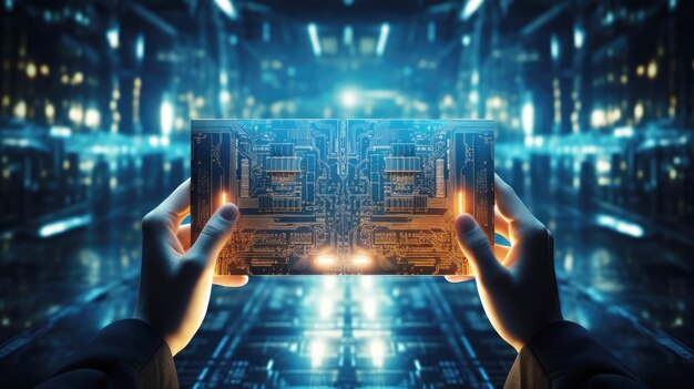 generated illustration of hand holding a lit circuit board with glowing connections and components