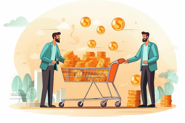 Photo generated illustration happy man with money in shopping cart