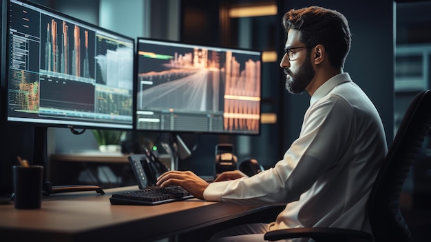 generated illustration man surrounded by screens displaying stock market graphs