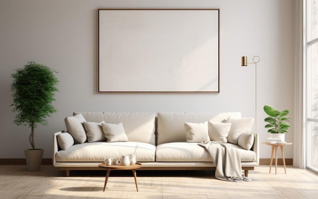 generated illustration of modern living room with gray sofa and blank white wall mockup