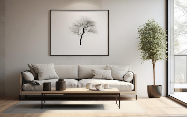 generated illustration of modern living room with gray sofa and blank white wall mockup