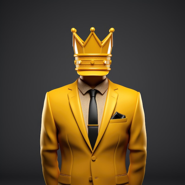 Photo generated illustration of a person wearing elegant yellow suit with crown against gray background