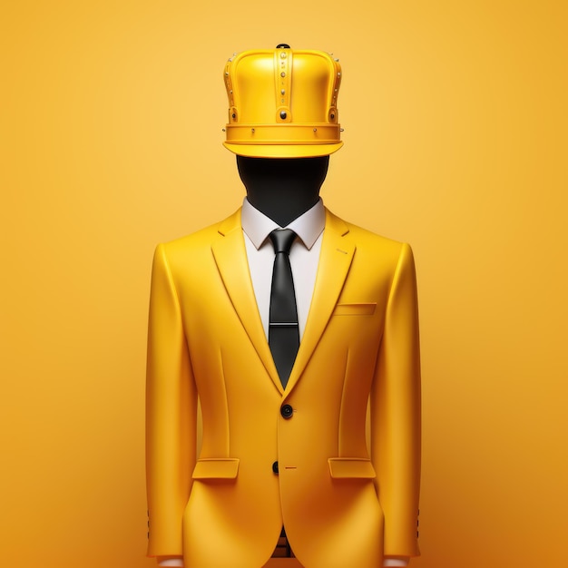 generated illustration of a person wearing elegant yellow suit with crown against yellow background