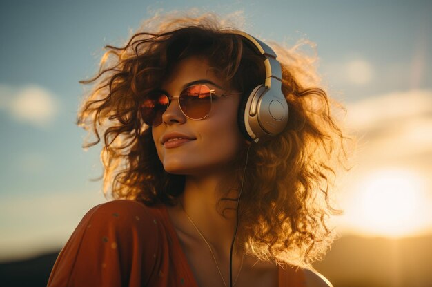 generated illustration pretty young woman with big headphones enjoys the music