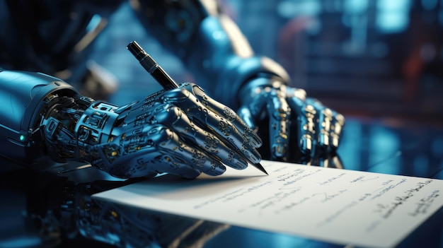 generated illustration of robotic arm holds pen ready to write on white paper