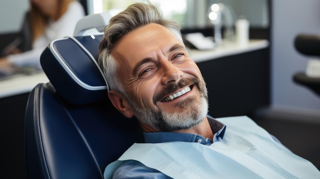 Photo generated illustration of smiling older adult man is sitting in his dentist chair