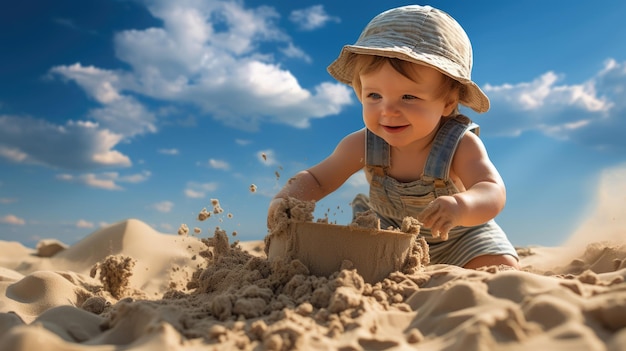 generated illustration smiling toddler with a sandcastle enjoying a sunny beach day