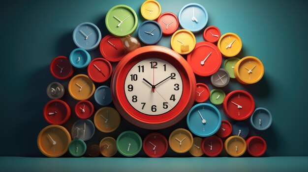 Photo generated illustration of wall clocks in different times in blue background