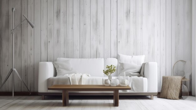 Photo generated illustration of white sofa located in the living room with white walls