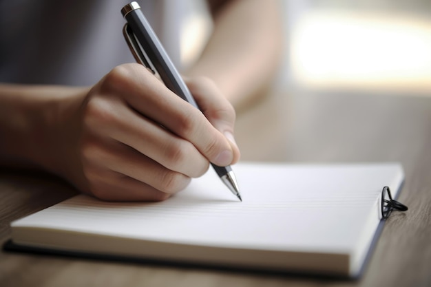 generated illustration woman sit at table hold pencil take notes