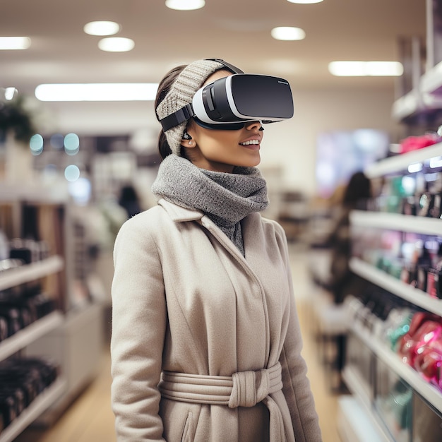 Photo generated illustration of woman with virtual reality glasses headset shopping at the supermarket