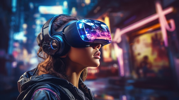 generated illustration of Young woman with a MR headset and experiencing virtual reality