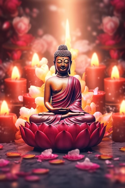 A generated image of Buddha meditating with lotus and candles Generative AI