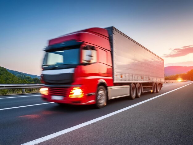 Generated image close up of the lights on an empty motorway with red lorry driving at high speed