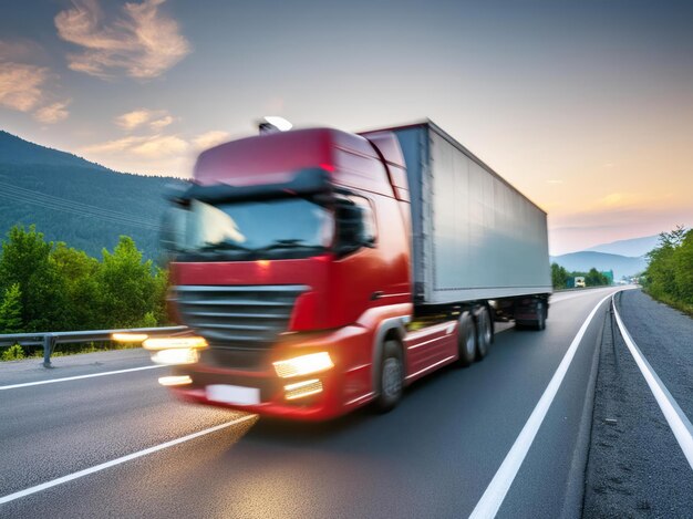 Generated image close up of the lights on an empty motorway with red lorry driving at high speed