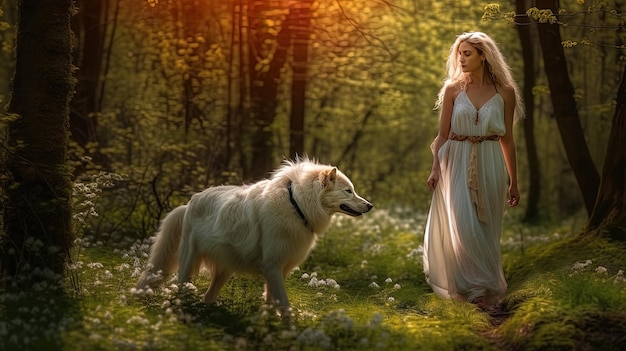 Generated with AI Beautiful and mysterious woman in white dress walking through the forest wit