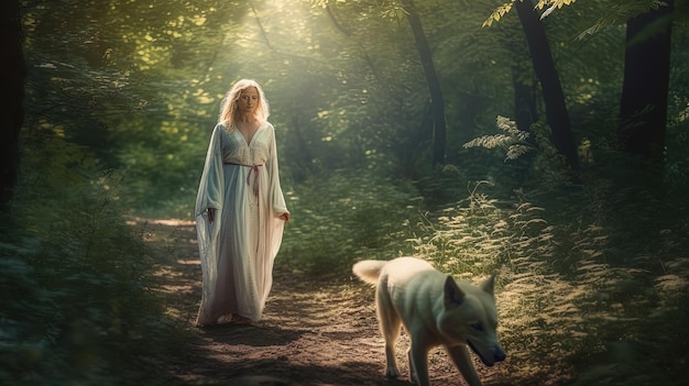 Generated with AI Beautiful and mysterious woman in white dress walking through the forest wit