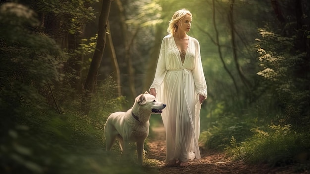 Generated with AI Beautiful and mysterious woman in white dress walking through the forest wit