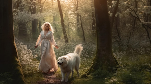 Generated with AI Beautiful and mysterious woman in white dress walking through the forest wit