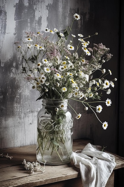 Generated with AI Bouquet of wild flowers in a jug on a country style table