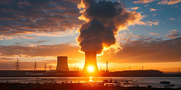 Photo generating electricity and thermal energy at sunset nuclear power plant harnessing nuclear reactions concept renewable energy nuclear technology electricity generation energy efficiency