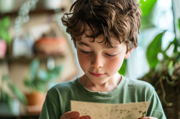 A Generation Alpha boy examines a piece of plantable seed paper with great interest