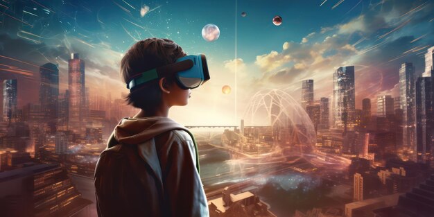 Generation Alpha wearing VR headset against blurry city background