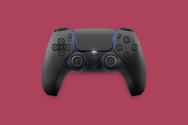 Next generation black game controller isolated on cosmic red background. Top view.