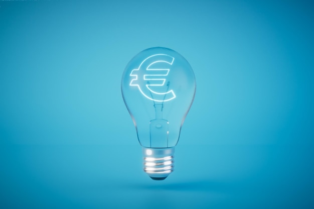 Generation of ideas for earnings A light bulb with a euro icon on a blue background 3D render