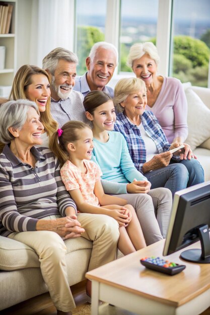 Photo generational bonding multigeneration family watching tv together