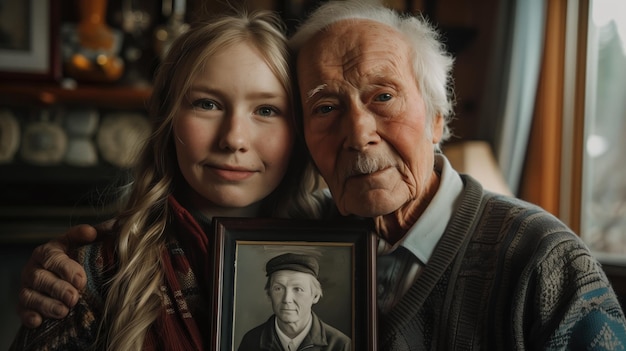 Photo generational family bond shown with a granddaughter and grandfather with a photo concept of family heritage