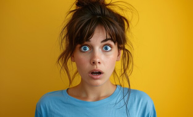 Photo a generational portrait of a young woman with a shocked facial expression on a yellow background