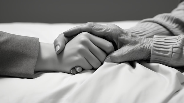 Photo generational support comforting hand on bed end of life care solidarity in aging assistance