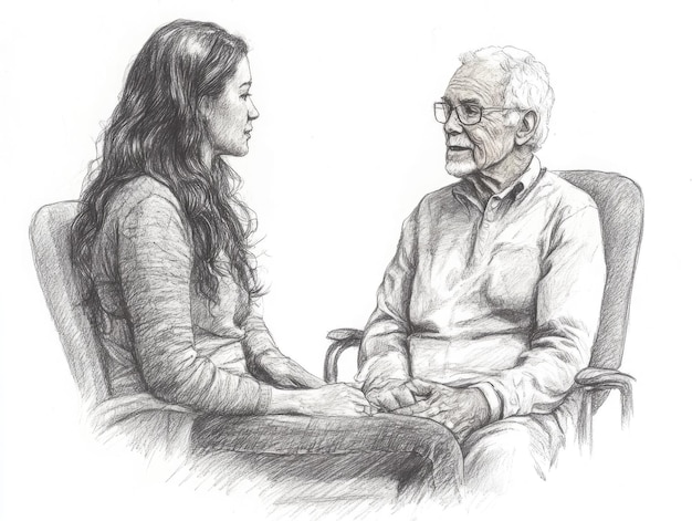 Generations connect young woman and elderly man engage in heartfelt conversation